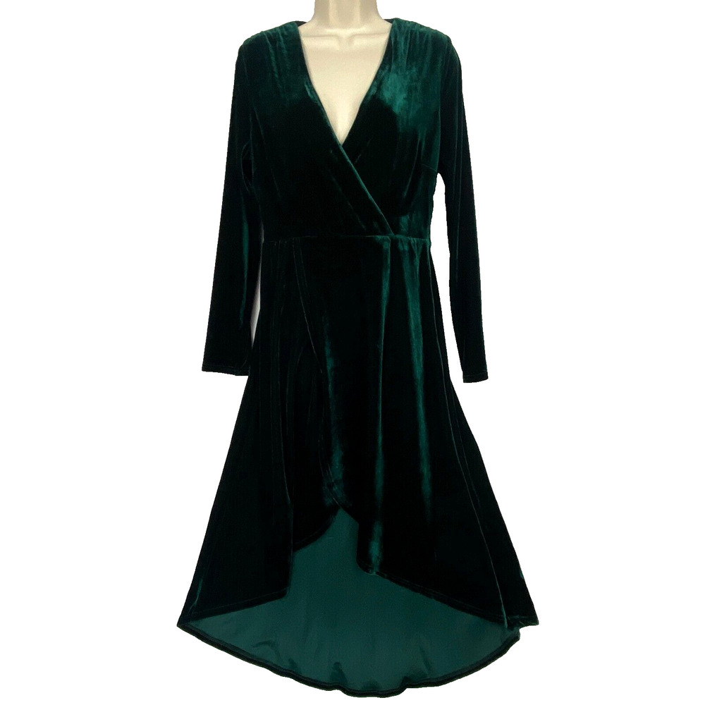 Lulus Dress Medium Womens Enchant Me Green Velvet Faux Wrap Dressy Whimsigoth